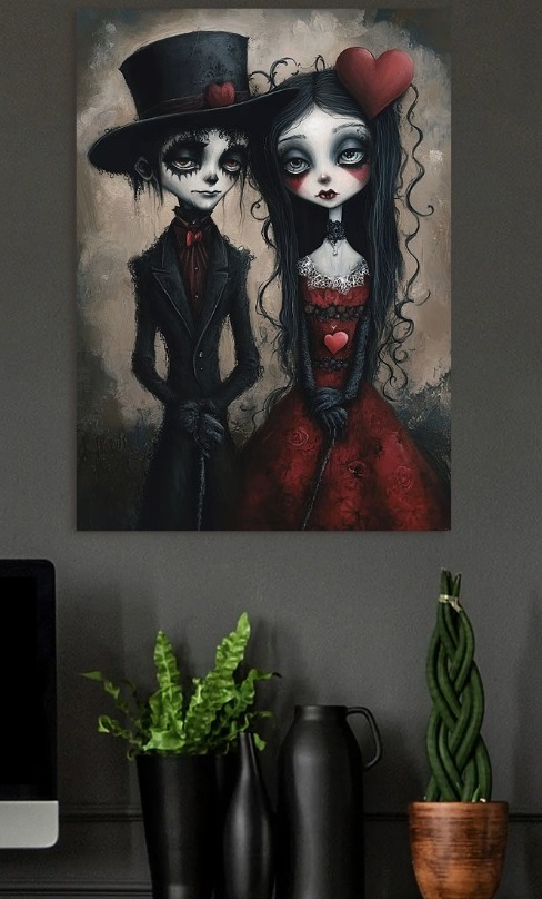 Gothic Couple with Hearts — metal poster wall art by Lineer